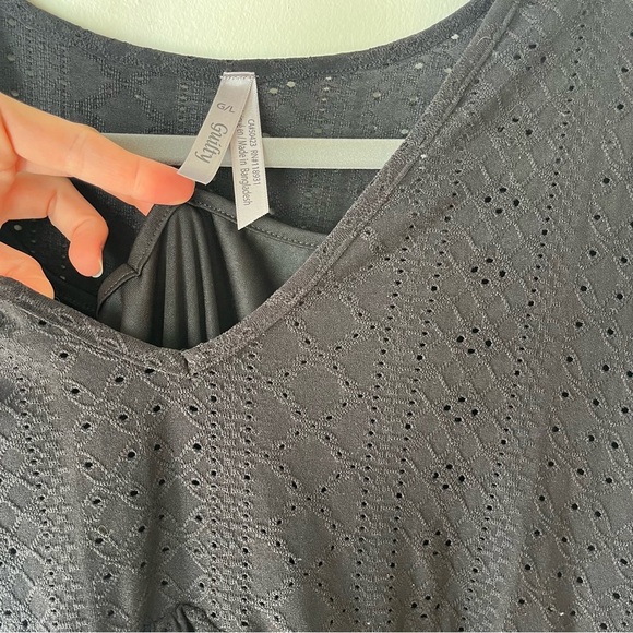 Guilty Black Eyelet Babydoll Mini Dress L Short Sleeve V-Neck Lined Casual Boho - Picture 4 of 12